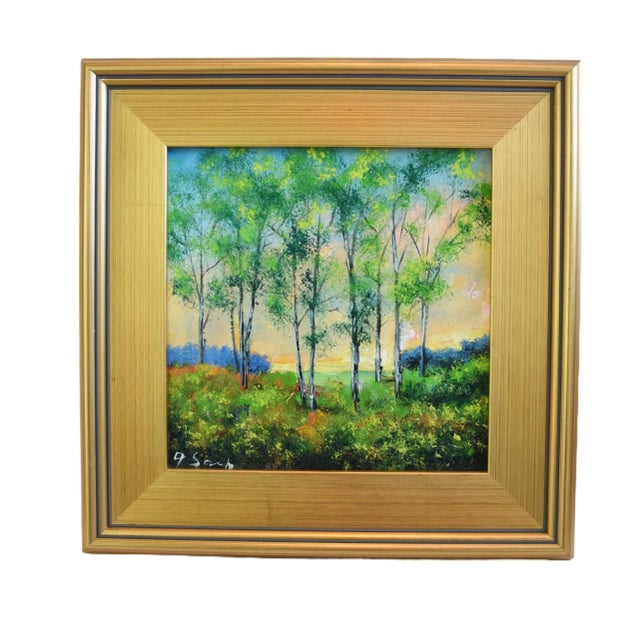 2020s Impressionist Lush Trees Landscape Oil Painting Displayed in a Custom Antiqued Gold Wood Frame For Sale - Image 5 of 7