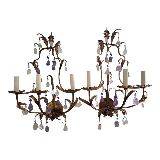 Vaughan Designs "Montigny Rock Crystal Wall Light" in Gilt Finish, 3 Arms - A Pair For Sale