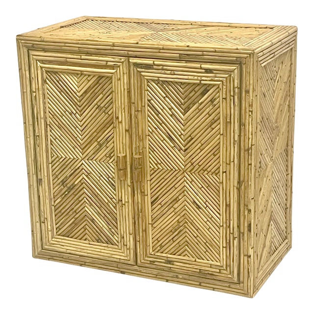 1970’s Vintage Natural Pencil Reed Rattan 2 Door Server Cabinet For Sale