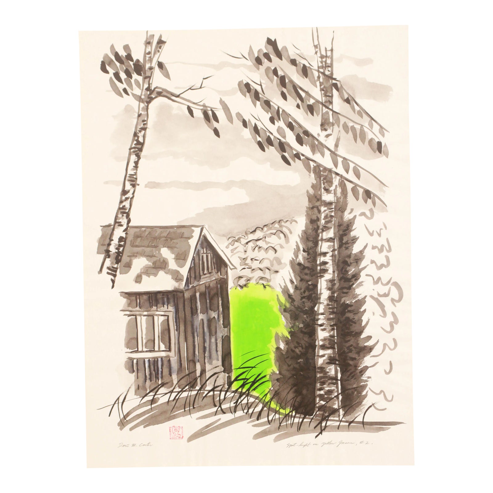 Modernist Watercolor Painting Cabin in Woods on Green Lake