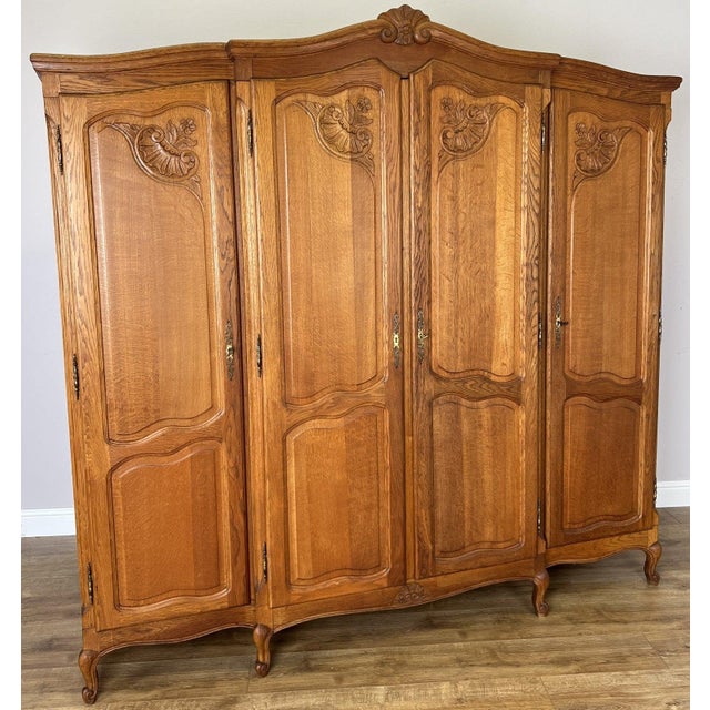 Vintage Louis XVI French Oak Four Door Carved Wardrobe For Sale - Image 12 of 12