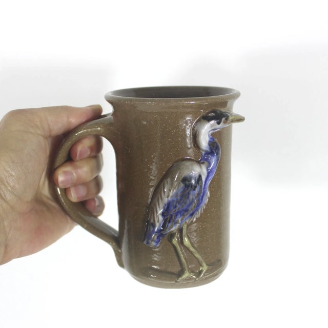 Cabin Vintage Signed Great Blue Heron Studio Pottery Mug With Bird Stoneware Brown For Sale - Image 3 of 9