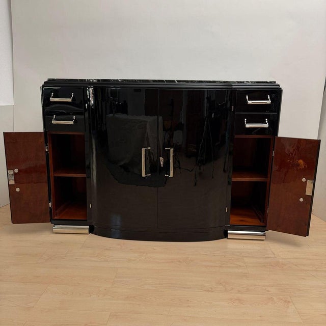 Art Deco Sideboard in Black Lacquer, Nickel, Marble, and Mahogany, France, 1930s For Sale - Image 6 of 18