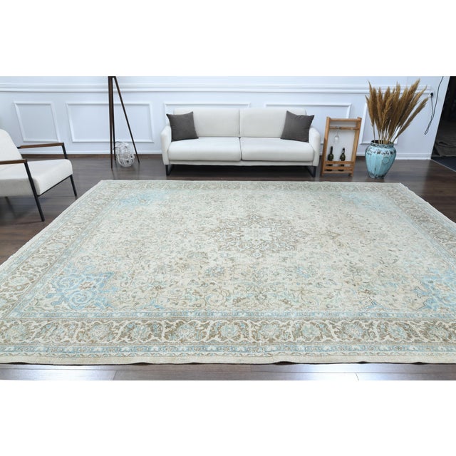 Beige 1970s Vintage Persian Handmade Wool Cotton Beige Blue Area Rug For Sale - Image 8 of 11
