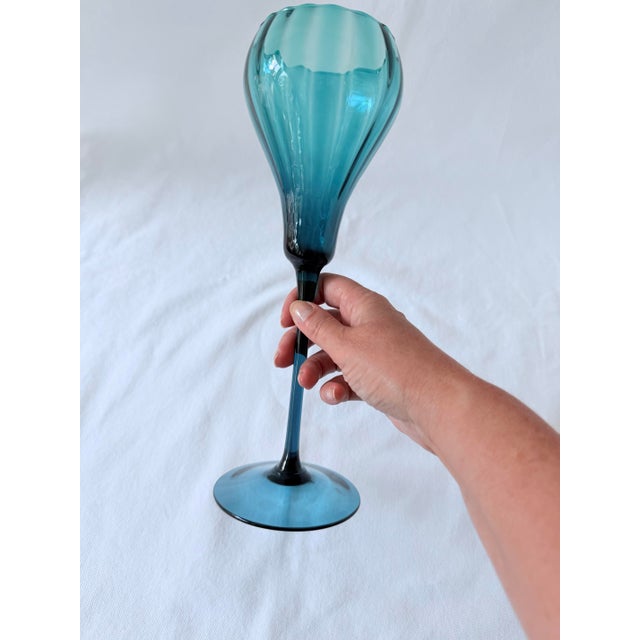 Italian Mid 20th Century, Ribbed Optic Empoli on Long Stem in Peacock/Teal For Sale - Image 6 of 6
