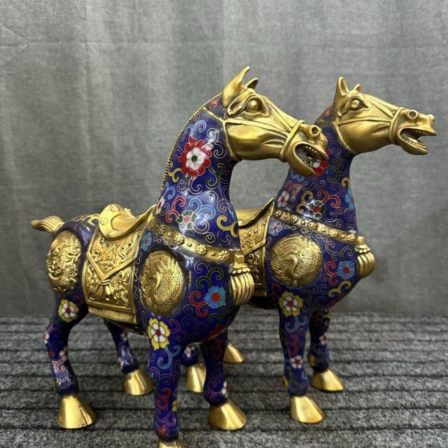 Impressive Pair of Vintage Cloisonné Enamel War Horses For Sale In Los Angeles - Image 6 of 9