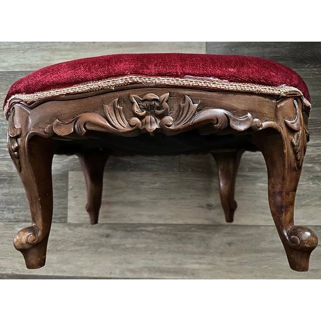 Red Vintage Mid 20th Century Louis XV Oval Shaped Wood and Red Velvet Upholstered Footstool For Sale - Image 8 of 11