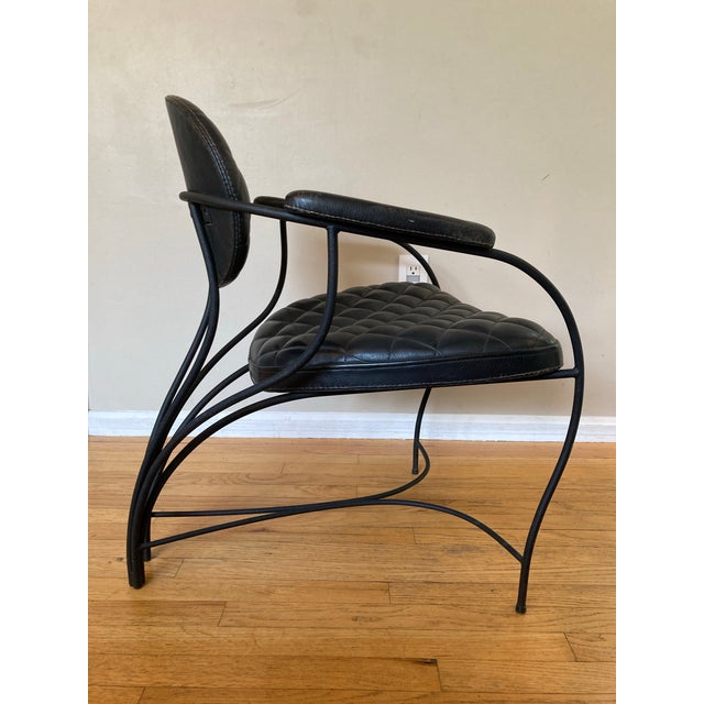 Postmodern 1980s Wrought Iron Metal and Tufted Leather Armchair Italy For Sale - Image 4 of 12