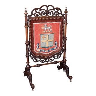 Antique Armorial Embroidered Panel Screen, Irish, Walnut, Needlepoint, Victorian For Sale