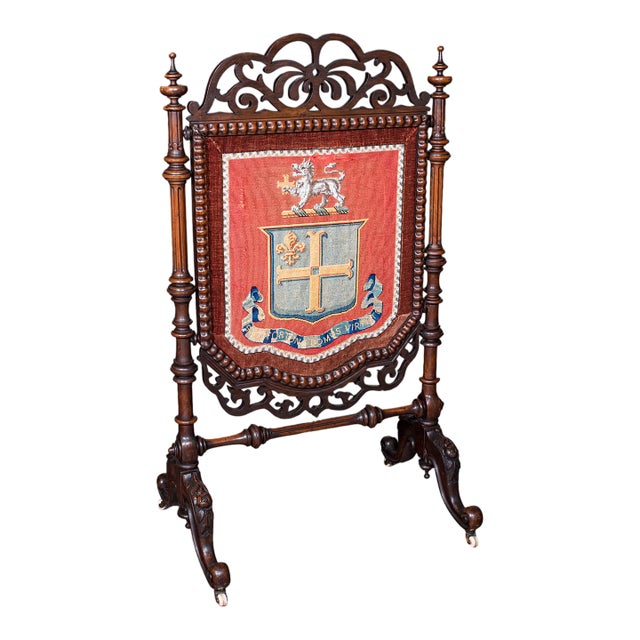 Antique Armorial Embroidered Panel Screen, Irish, Walnut, Needlepoint, Victorian For Sale