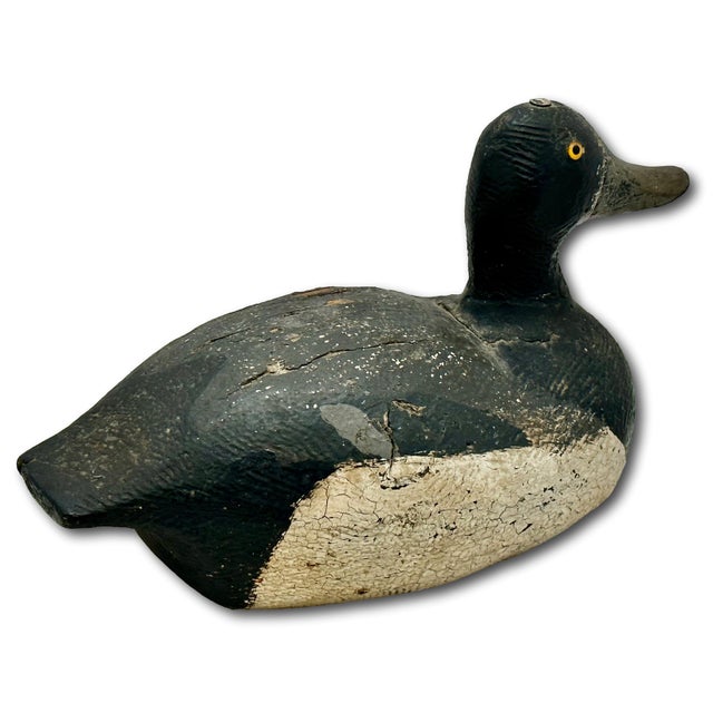 Very Nice Large Size Antique American Hand Carved & Painted Wood Duck Hunters Working Decoy With Glass Eyes For Sale - Image 13 of 18