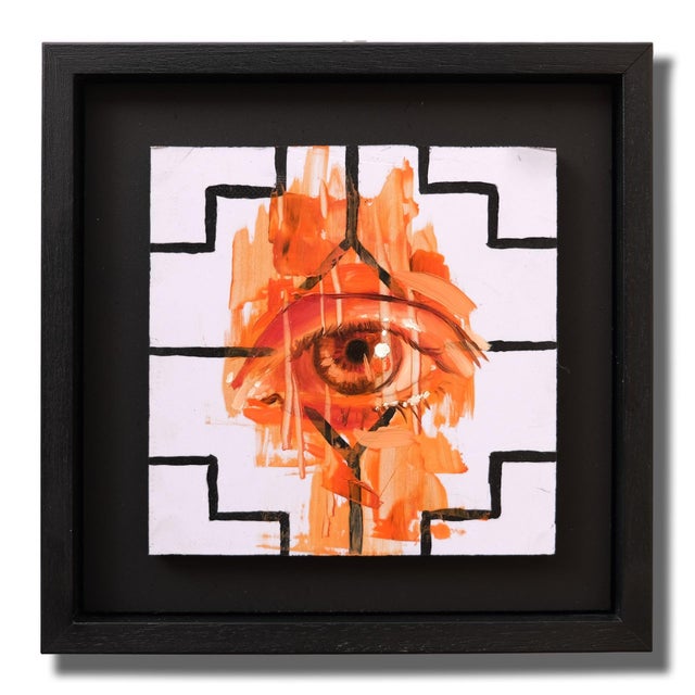 This oil on panel artwork features a striking depiction of an eye, rendered in vibrant shades of orange and brown,...