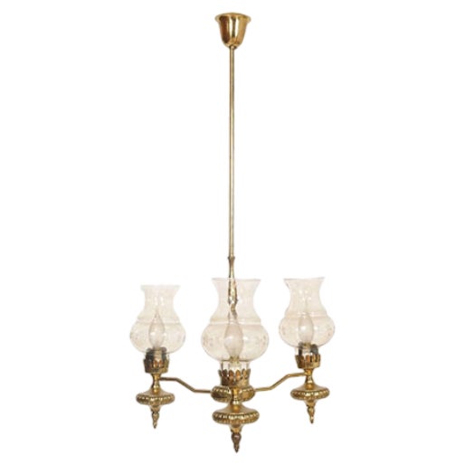Art Deco Golden Brass and Murano Glass Chandelier with Three Lights, 1930s For Sale