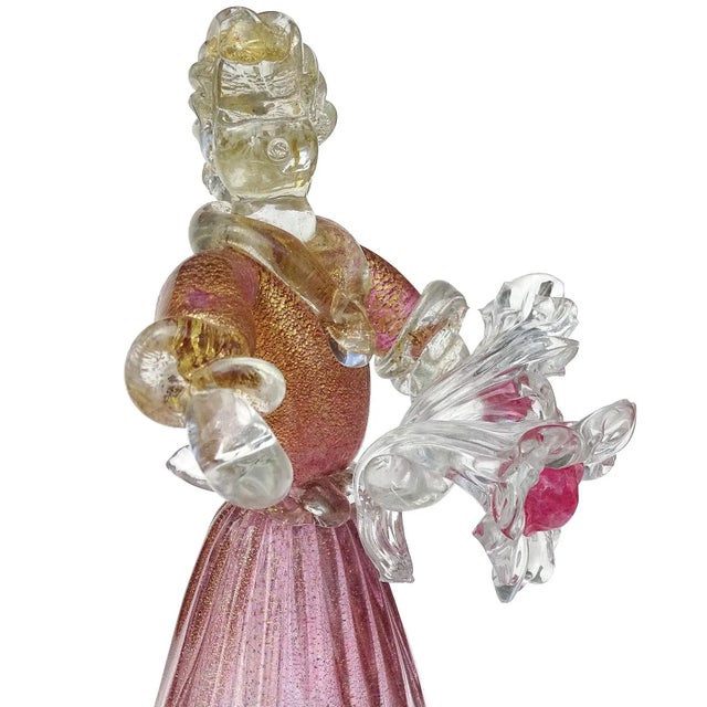 Mid 20th Century Murano Vintage Sommerso Pink Gold Flecks Italian Art Glass Male Female Farmer Figure Sculptures - A Pair For Sale - Image 5 of 10