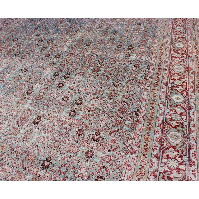 Early 20th Century Antique Persian Tabriz Rug With All-Over Geometric Design in Light Blue and Rose Red 7'4 X 11'1 For Sale - Image 5 of 12