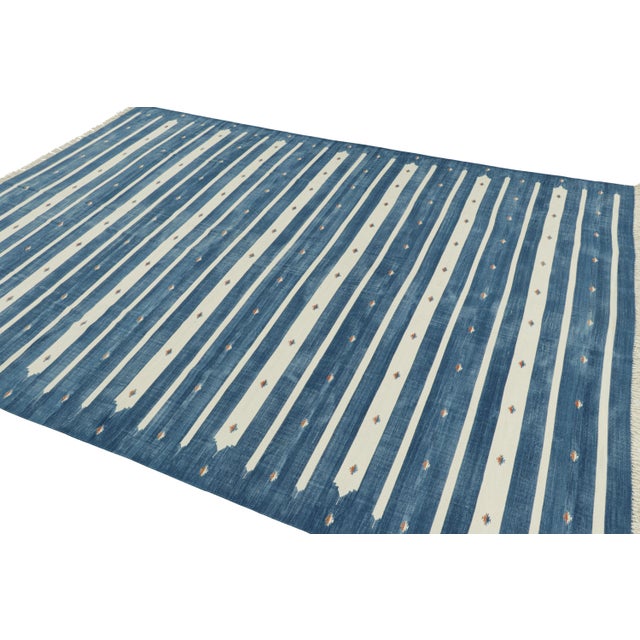 Rug & Kilim Rug & Kilim's Contemporary Dhurrie Rug in Blue with White Stripes - 6x9 For Sale - Image 4 of 8
