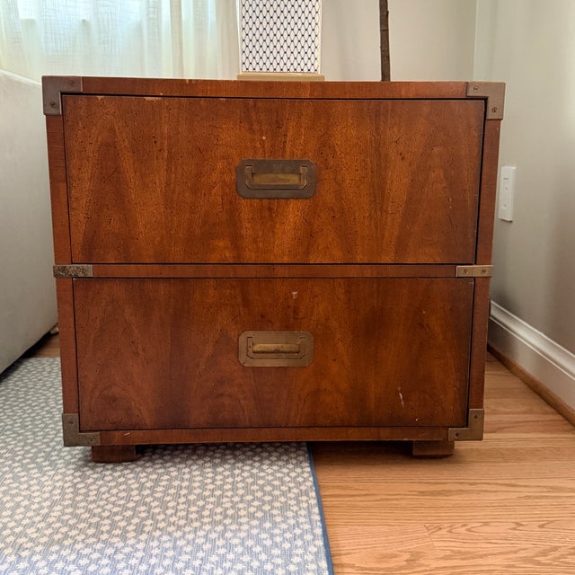Mid-Century Henredon 2 Drawer Campaign Nightstand/Sidetable —Two Available For Sale - Image 11 of 14