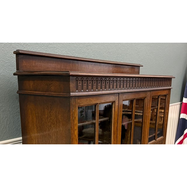 Antique English Jacobean Bookcase Bookshelf Cabinet Triple Glass Door Oak C1930s For Sale - Image 13 of 18