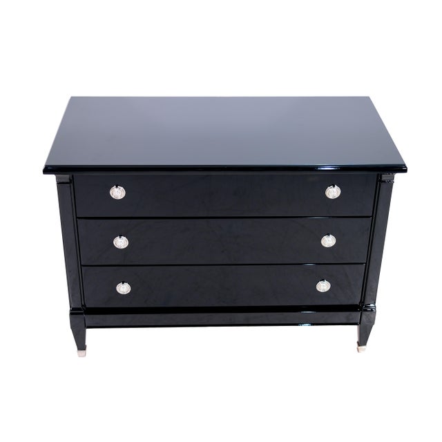 Art Deco Chest of Drawers in Black High-Gloss Lacquer, Fittings and Sabots Nickel-Plated, 1930s For Sale - Image 4 of 7