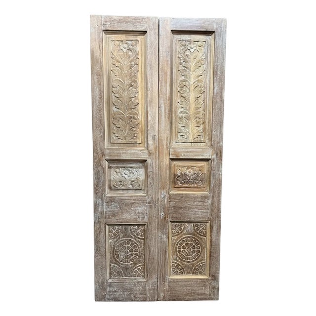 Antique Floral Carved Pantry Doors | Rustic Farmhouse Double Doors | Hand-Carved Wood Hinged or Sliding Entry For Sale