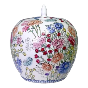 Exquisite Chinese Porcelain Ginger Jar One Thousand Flowers Design Over White Glaze