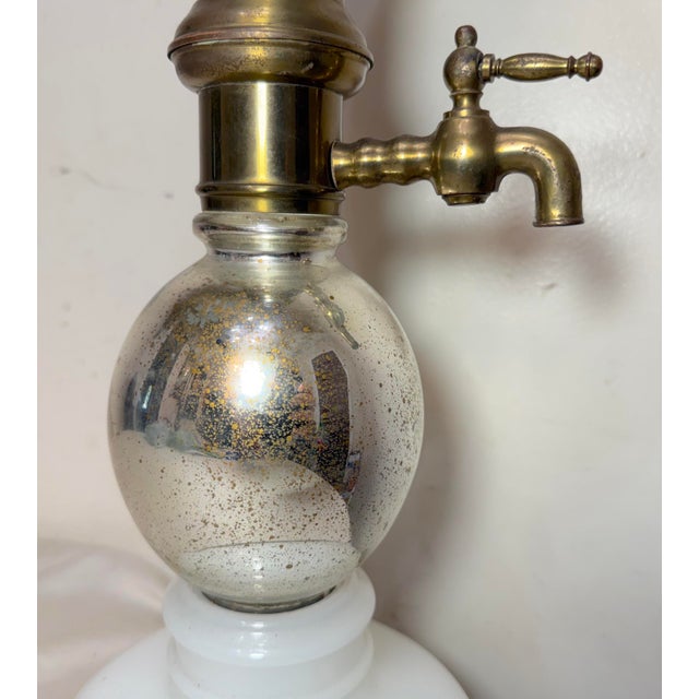 Large Antique Mercury Glass Brass Seltzer Siphon Bulbous Round Bottle Table Lamp For Sale - Image 4 of 11