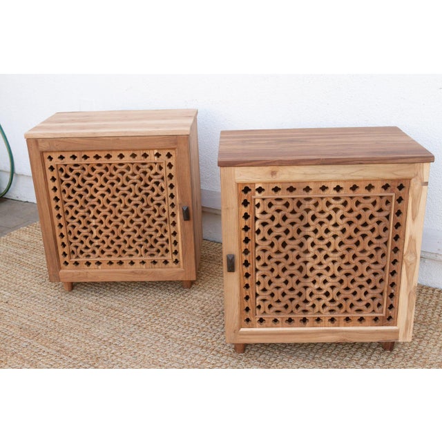 Wood Set of 2 Reclaimed Teak Jali Nightstands For Sale - Image 7 of 8