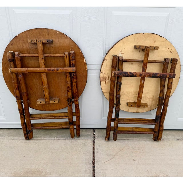 1970s Pair of Folding Bamboo and Rattan Round Side Tables For Sale In Palm Springs - Image 6 of 10