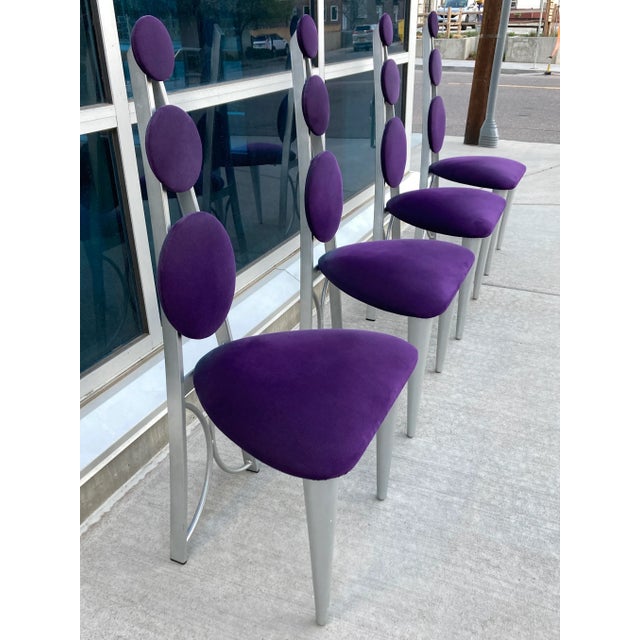 Wood Memphis Style Dining Chairs in Purple & Green Microsuede Upholstered Panels For Sale - Image 7 of 13