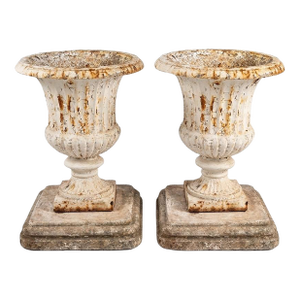 Pair of Vintage Cast Iron Campana Urns on Weathered Cast Stone Bases
