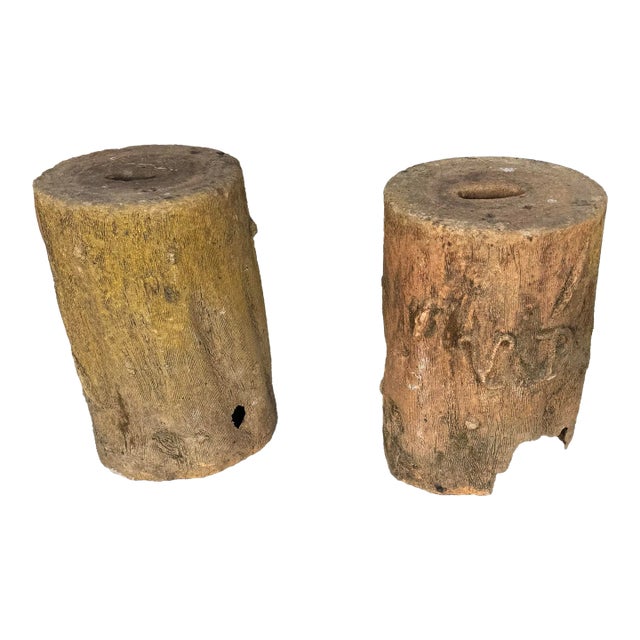 Pair of French Mid 20th Century Faux Bois Stone Stools For Sale