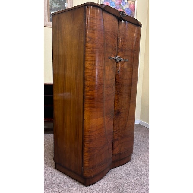 Curvaceous Deco Walnut Armoire. Labelled & Fitted Interior c.1930's U.K. Import
