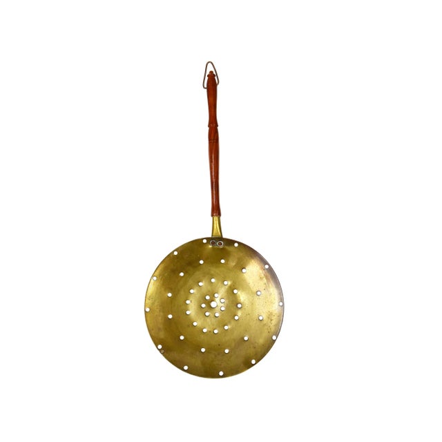 Vintage Mid 20th Century Large Gold Brass Round Skimmer With Wooden Handle For Sale - Image 6 of 6