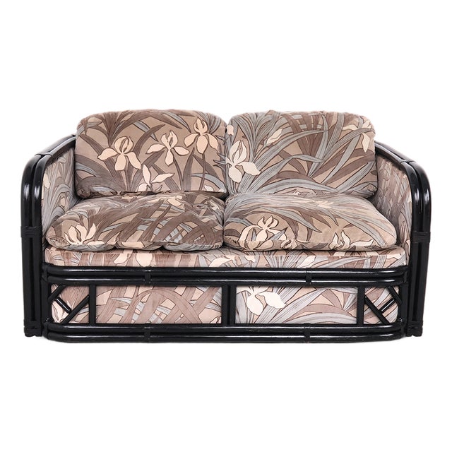 Vintage Bamboo 2-Seater Sofa with Floral Velvet Fabric, 1970s For Sale