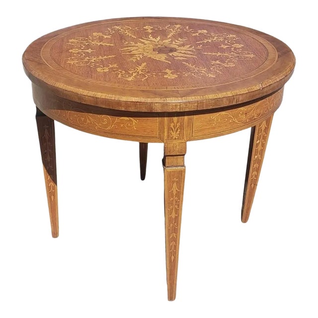 Early 20th Century Dutch Colonial Style Marquetry Fruitwood Gueridon Table For Sale