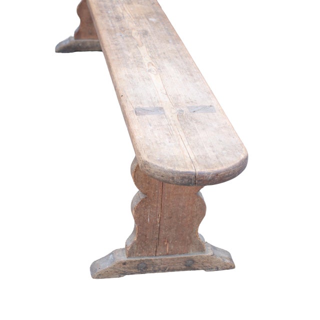 Wood Long French Wabi-Sabi Pine Bench with Sculptural Trestle Supports, 1900 For Sale - Image 7 of 12