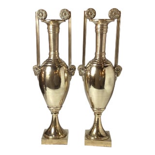 Tall Cast Polished Brass Neoclassical Urns - A Pair For Sale