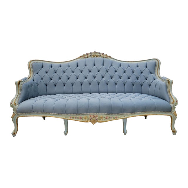 1970s Sky Blue Tufted French Provincial Sofa | Hand-Painted Floral Trim, Louis XV Style Settee For Sale
