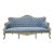 1970s Sky Blue Tufted French Provincial Sofa | Hand-Painted Floral Trim, Louis XV Style Settee For Sale