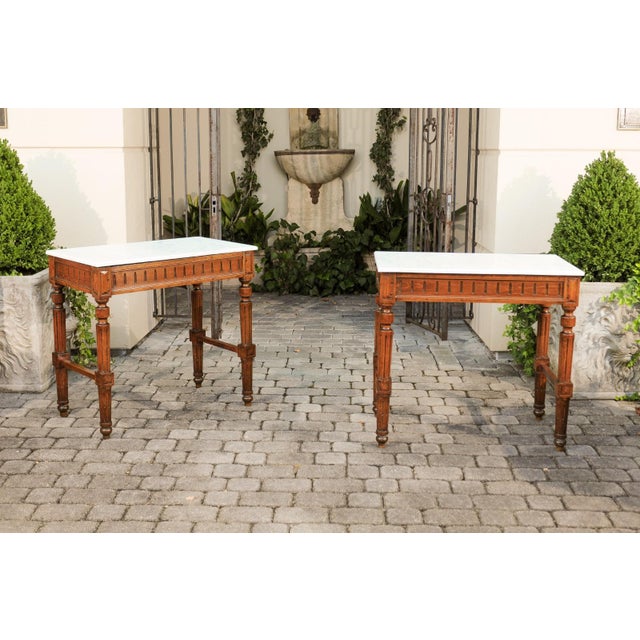 Pair of French 1870s Neoclassical Style Wooden Console Tables with Marble Tops For Sale - Image 12 of 12