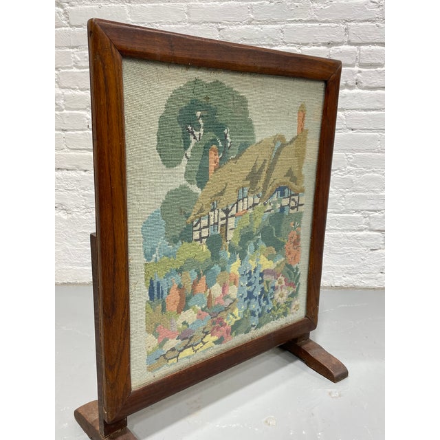 Antique Needlepoint Fires Screen With Cottage Garden Scene, Wood Framed Hearth Screen, C. 1920s–1940s For Sale In New York - Image 6 of 11