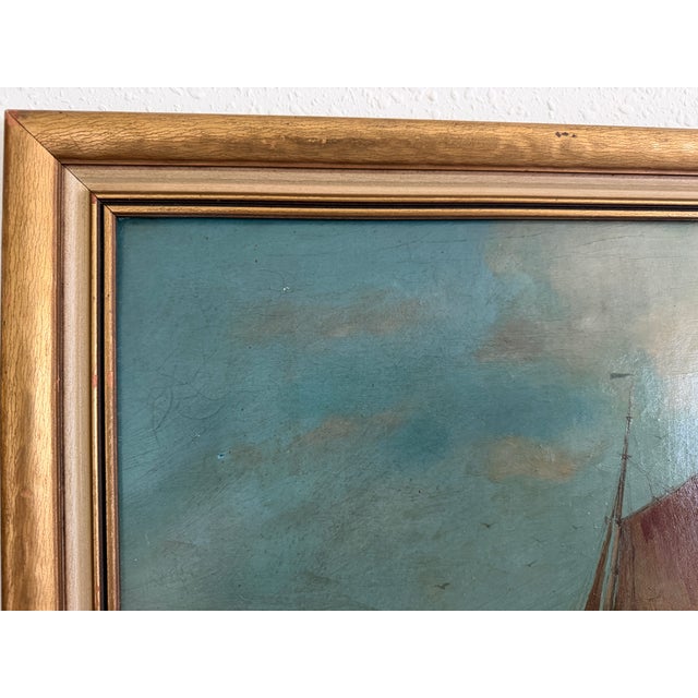 Paint Antique Oil Painting Dutch Marine Seascape Sailing Boats Coastal Scene Unsigned For Sale - Image 7 of 10