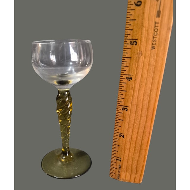 Glass Vintage Four Venetian Hand Blown Twisted Olive Green Glass Stem Liquor Glasses For Sale - Image 7 of 9