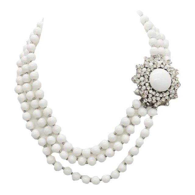 Vintage 1950s Signed Crown Trifari Beaded Rhinestone Necklace/Detachable Brooch For Sale