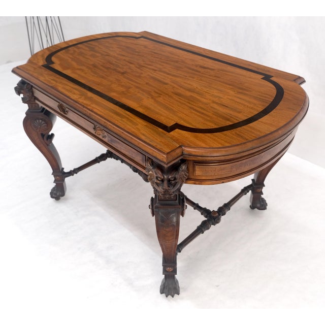 Carved Lion Face & Foot Legs Renaissance Revival Inlaid Walnut Center Table MINT For Sale - Image 13 of 16