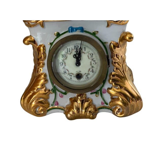 Rococo Antique Carl Thieme Dresden Porcelain Mantel Clock Figural Pastoral Woman Lamb Germany 1890s-1900s For Sale - Image 3 of 6