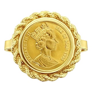 Elizabeth II Isle of Man Gold Coin Rope Ring 14k Yellow Gold, Size 5 For Sale