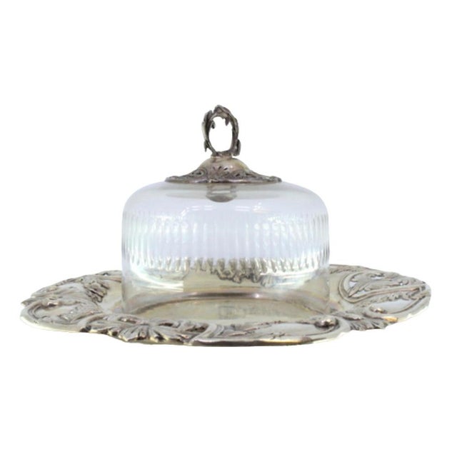 Metal Cheese Dish in Cut Silver and Cut Glass with Raised Fleur-de-Lis and Application Lid, Set of 2 For Sale - Image 7 of 7