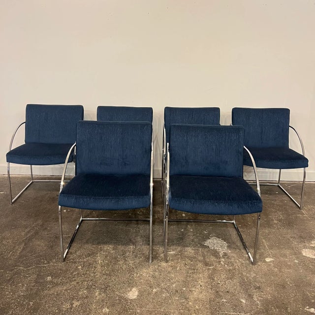 Milo Baughman Thayer Coggin Chrome Dining Chairs Recovered in a Blue Sparkly Fabric. For Sale - Image 9 of 10