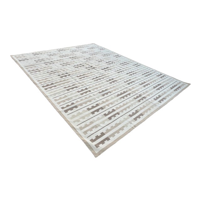 Handmade Cotton Area Rug, Vegetable Dyed Beige and White Marianne Striped Dhurrie-10'x14' For Sale